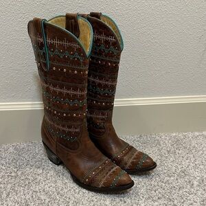 Old Gringo Yippee Ki Yay Brown and Teal Embroidered Women's Cowboy Boots